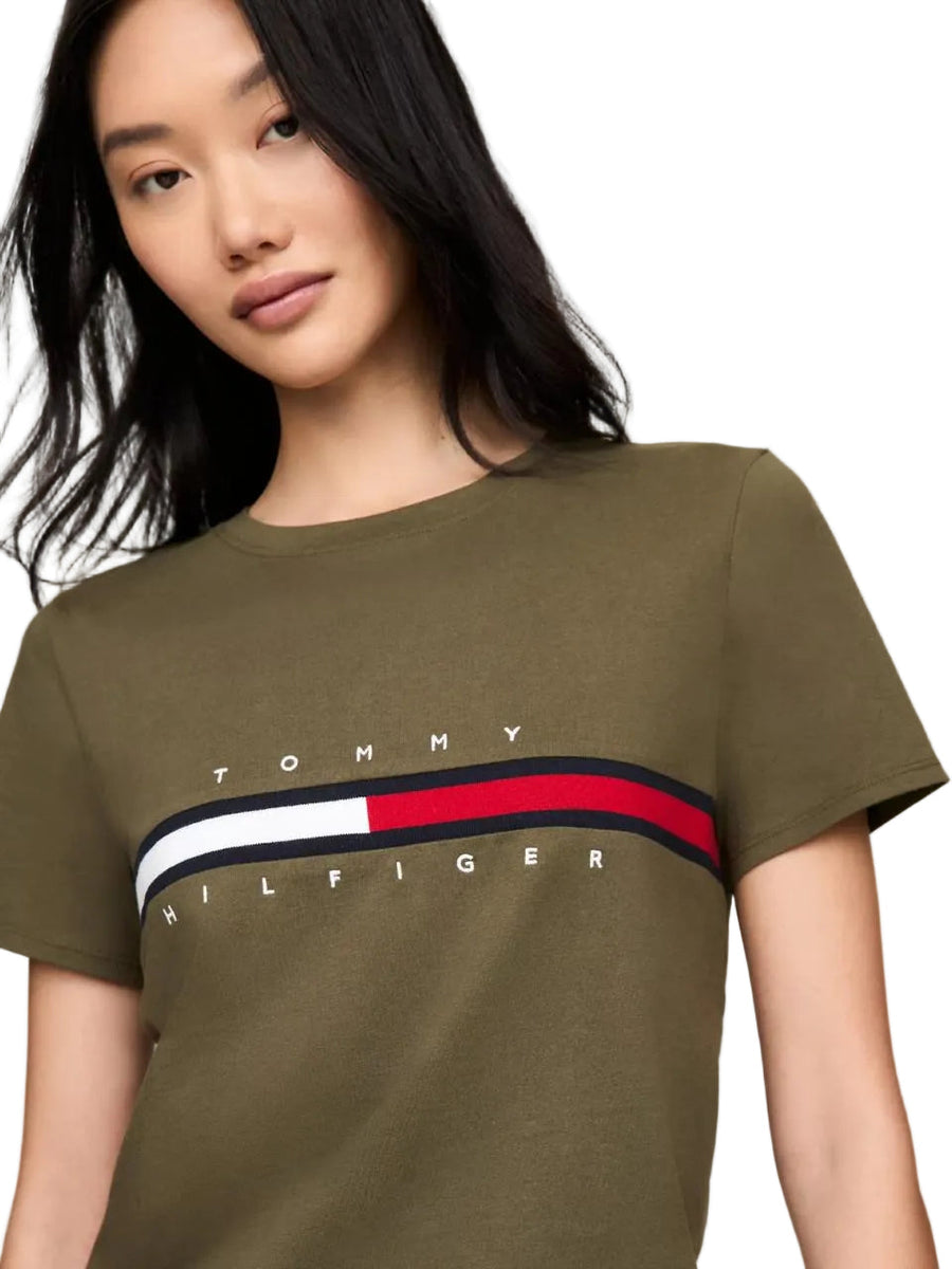 Tommy Hilfiger Embroidered Flag Stripe Logo T-Shirt Army Green