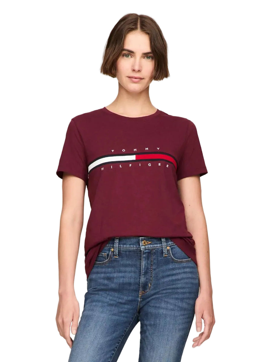 Tommy Hilfiger Embroidered Flag Stripe Logo T-Shirt Deep Rouge