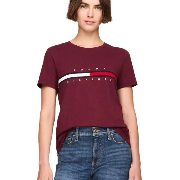 Tommy Hilfiger Embroidered Flag Stripe Logo T-Shirt Deep Rouge