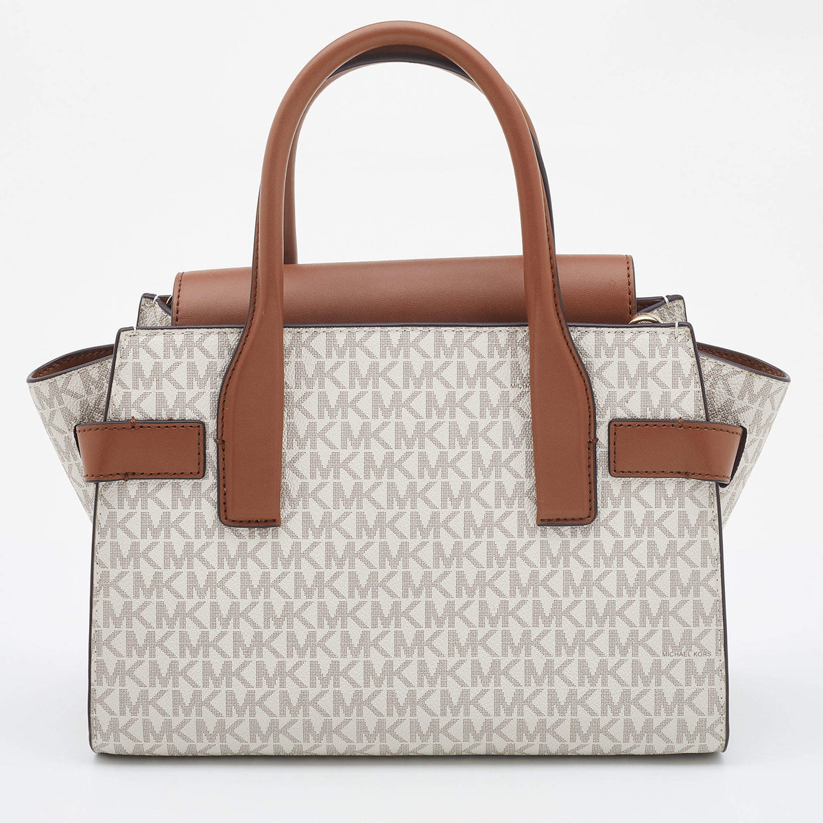 Michael Kors White/Tan Signature Coated Canvas and Leather Carmen Satchel