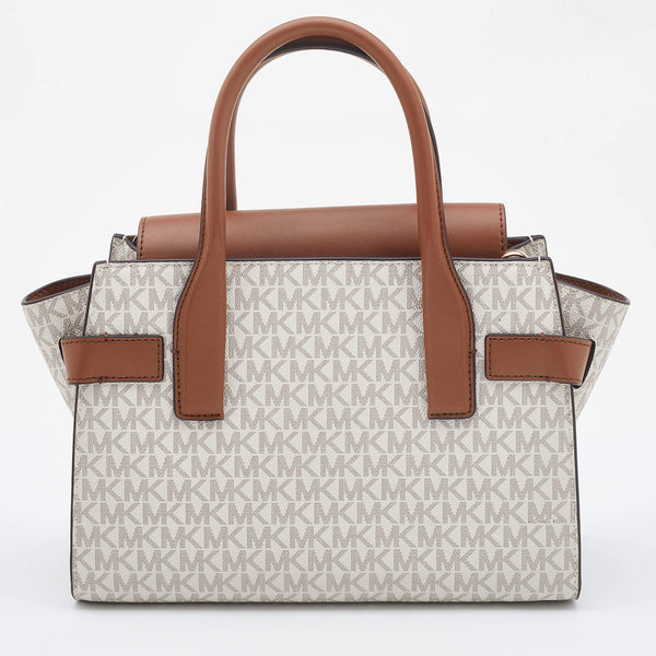 Michael Kors White/Tan Signature Coated Canvas and Leather Carmen Satchel