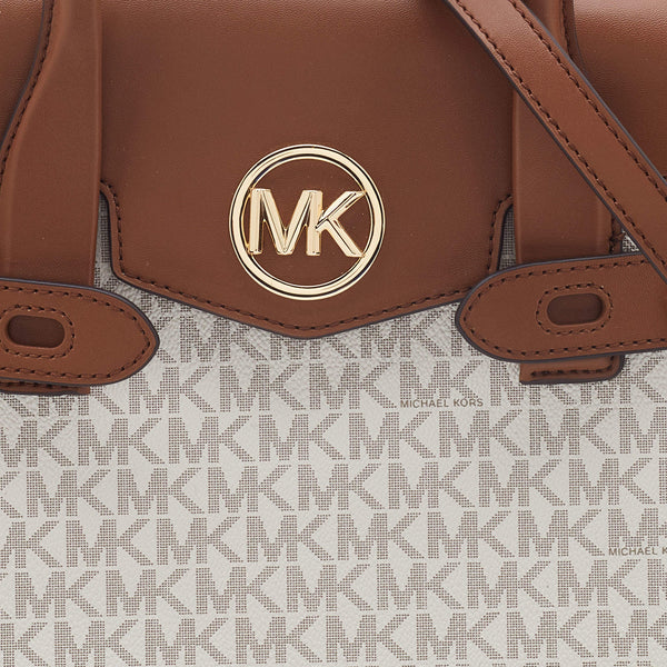 Michael Kors White/Tan Signature Coated Canvas and Leather Carmen Satchel