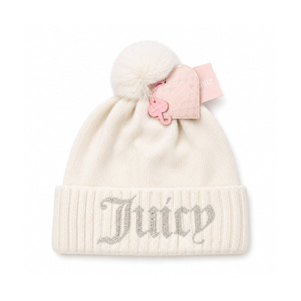 Juicy Couture Knit Beanie In White Baby Pink