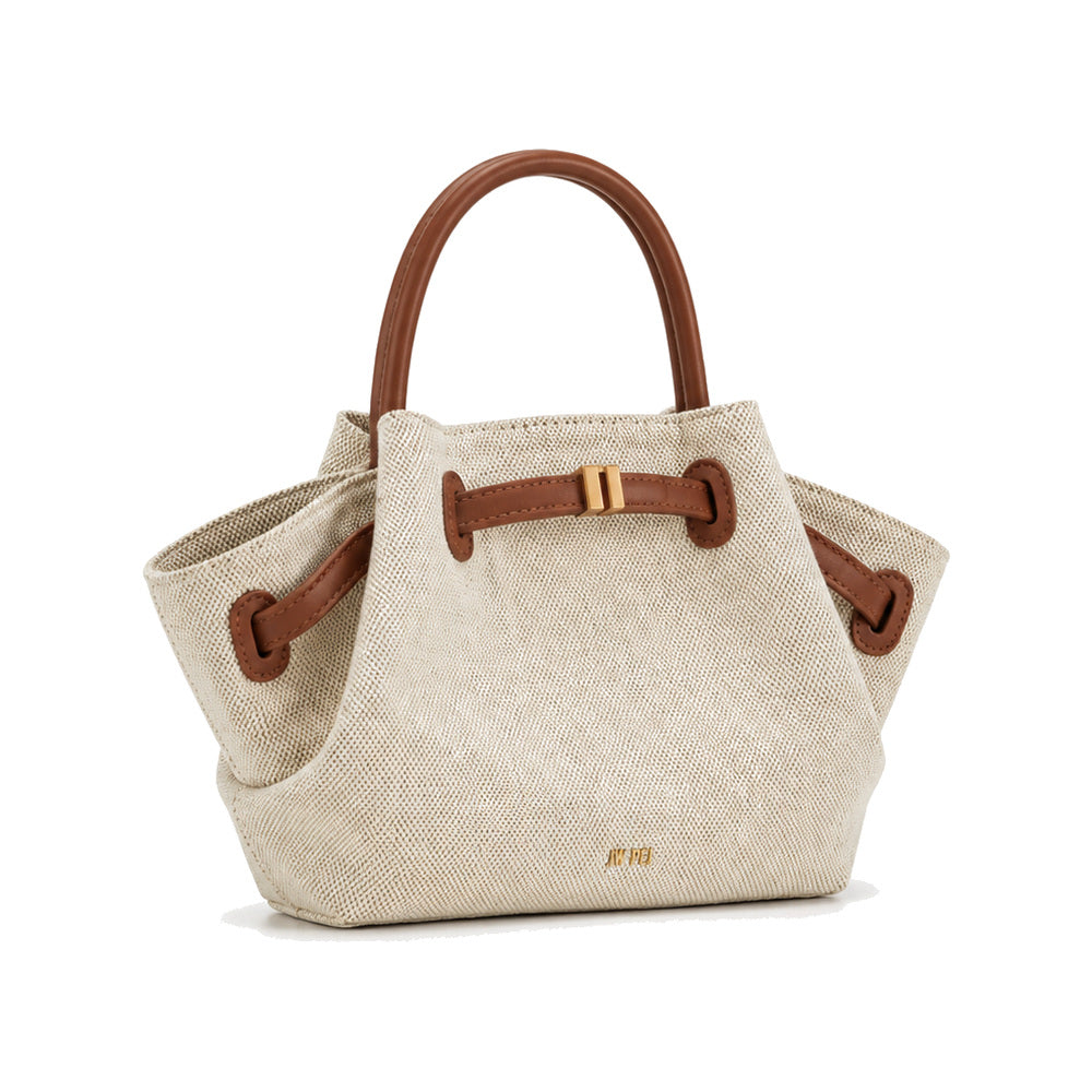 JW PEI Hana Mini Faux Straw Tote Bag in Beige & Brown Canvas