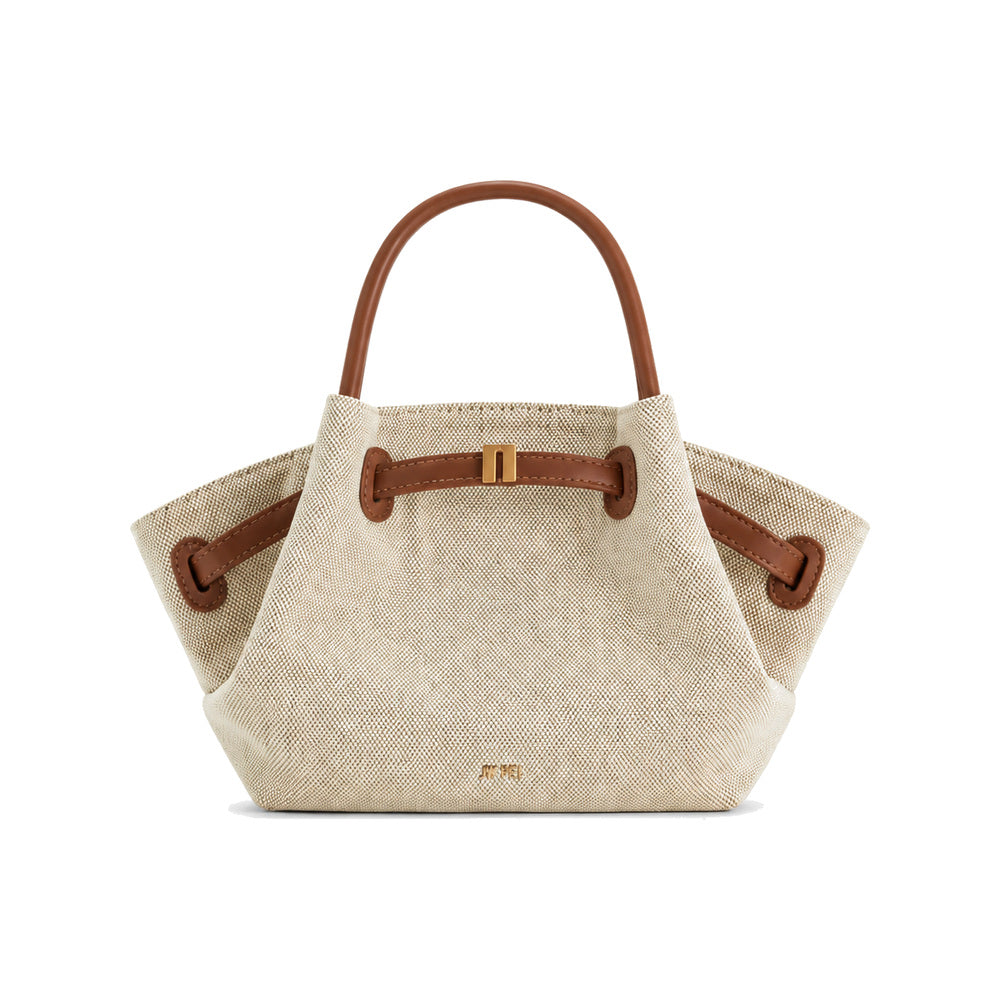 JW PEI Hana Mini Faux Straw Tote Bag in Beige & Brown Canvas