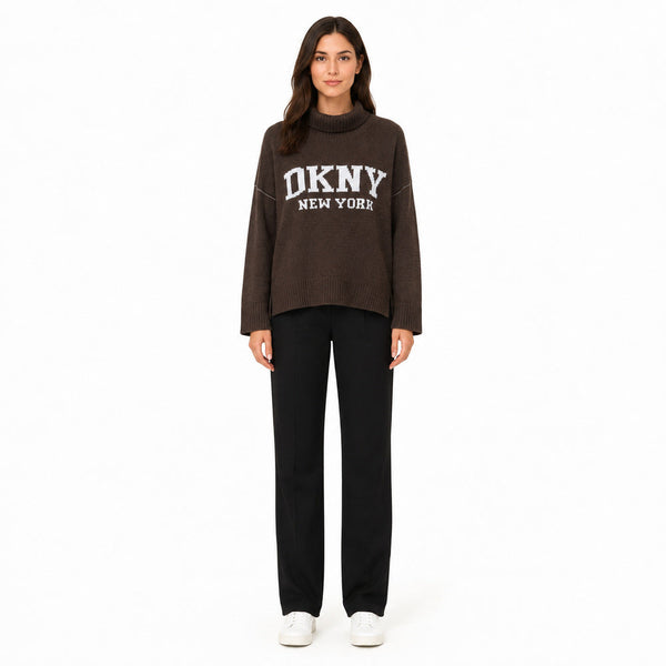DKNY Jeans Intarsia Logo Mock-Neck Sweater in Brown