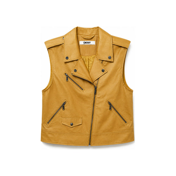 DKNY Faux Leather Moto Vest In Mustard Gold