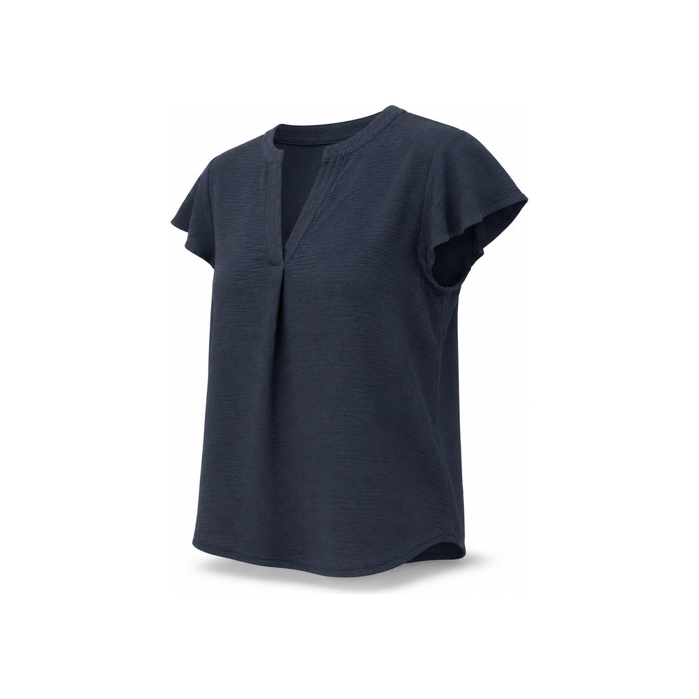 Calvin Klein Textured Split V-Neck Short Sleeve Top In Dark Blue