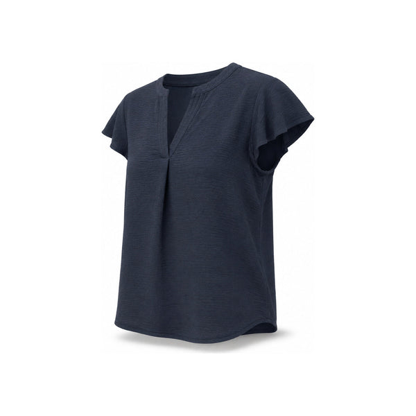 Calvin Klein Textured Split V-Neck Short Sleeve Top In Dark Blue