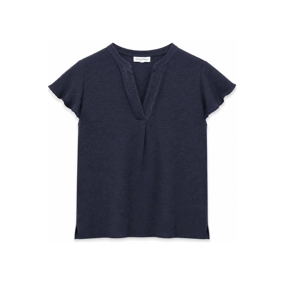 Calvin Klein Textured Split V-Neck Short Sleeve Top In Dark Blue