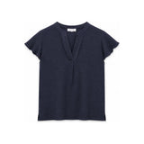 Calvin Klein Textured Split V-Neck Short Sleeve Top In Dark Blue