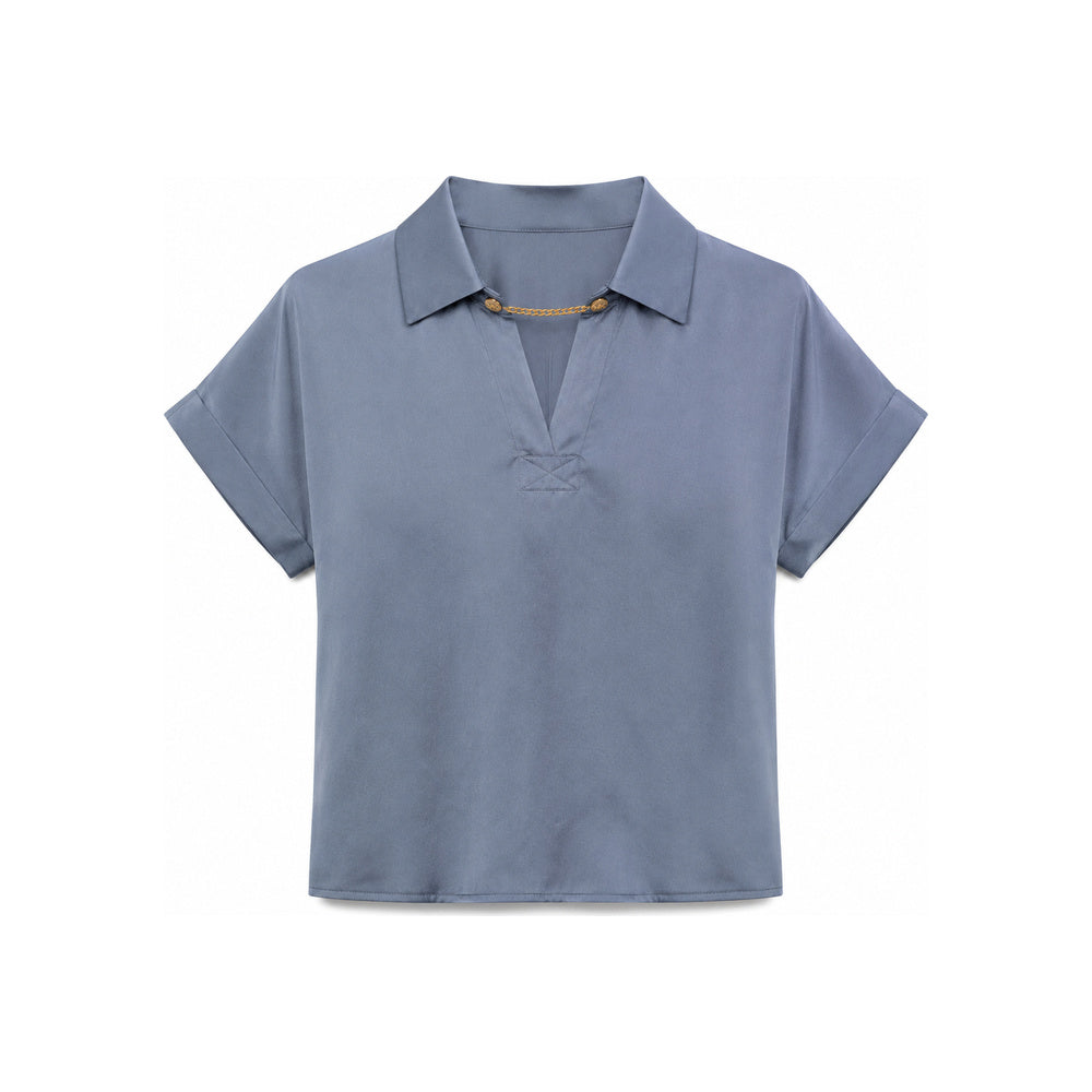 Michael Kors Short Sleeve Polo Blouse In Steel Blue