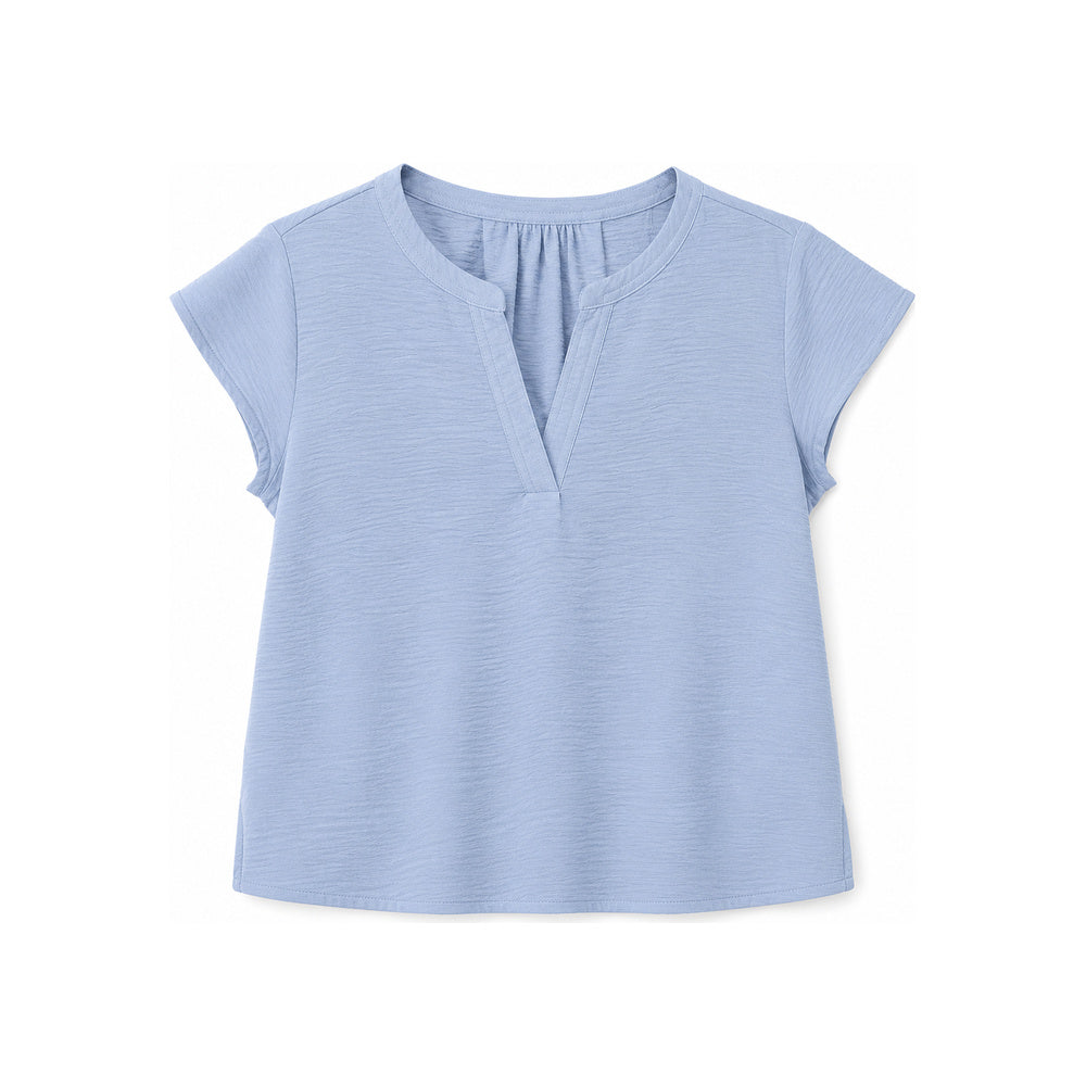 Calvin Klein Textured Split-Neck Short Sleeve Top In Light Blue